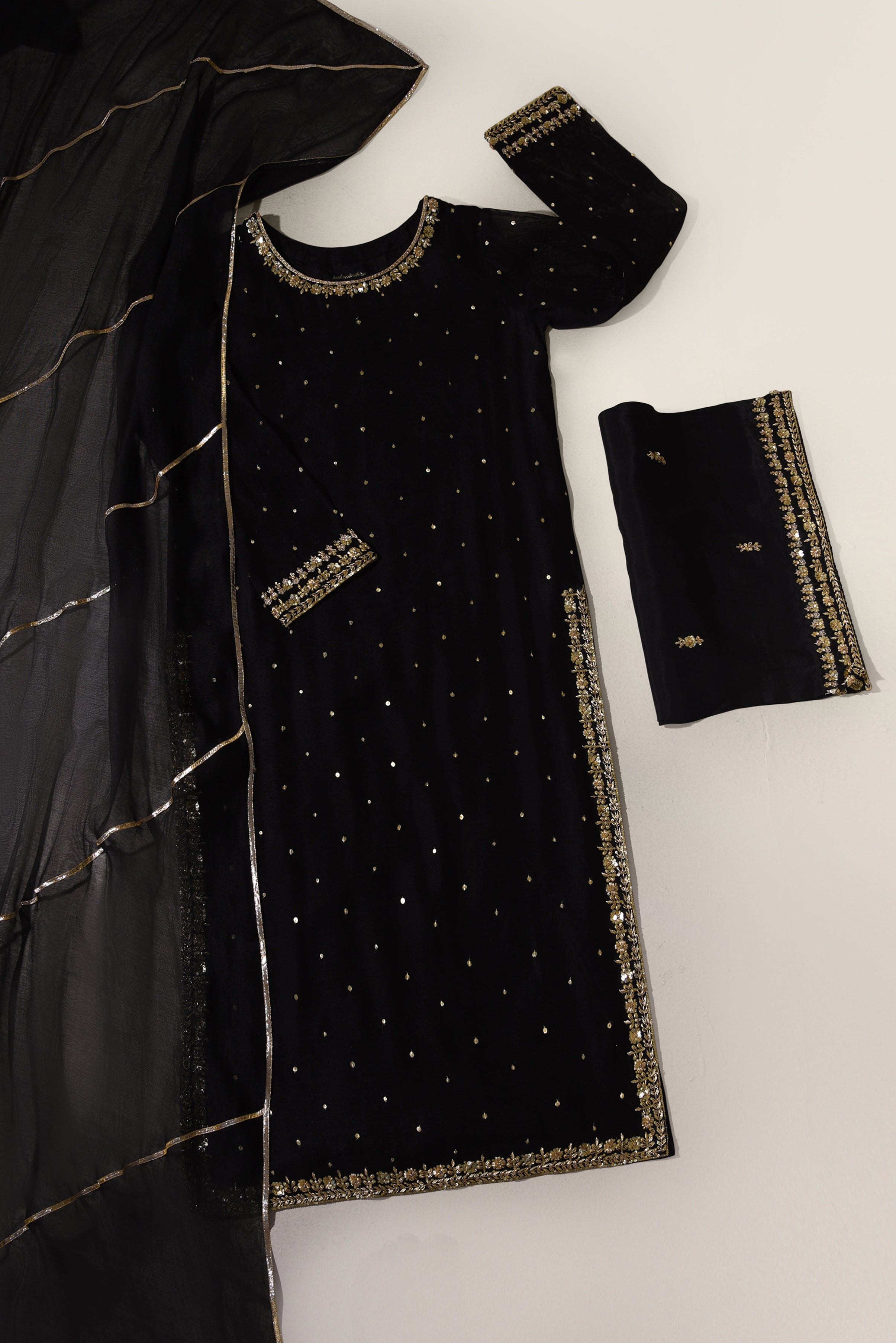 agha noor black dress AGHA NOOR Pure Black Organza Sheer Tunic Beaded Sequin Embroidered Dress  Size S